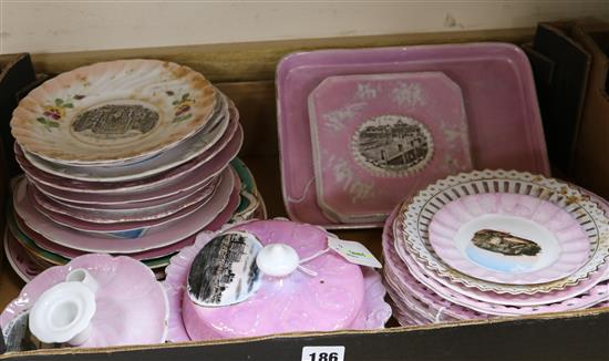 A collection of pink lustre souvenir ribbon and other plates, sundry other plates, a chamberstick, muffin dish, tray etc (27, faults)